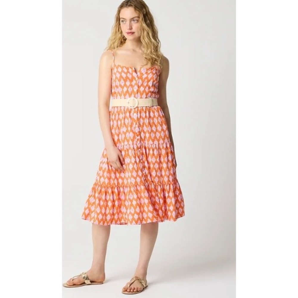 J. Crew Orange Pink Diamond Print Tiered Midi Sundress Size 00 NWT $118